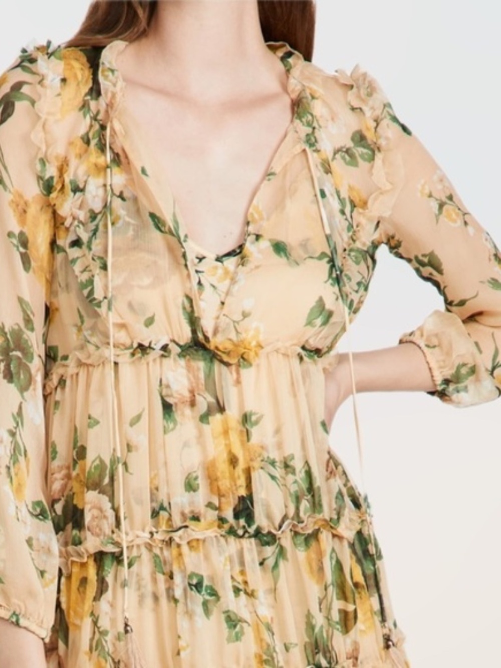 Anthropologie OPT Selena Dress Ruffle Floral Print Sheer Tiered Long Sleeve